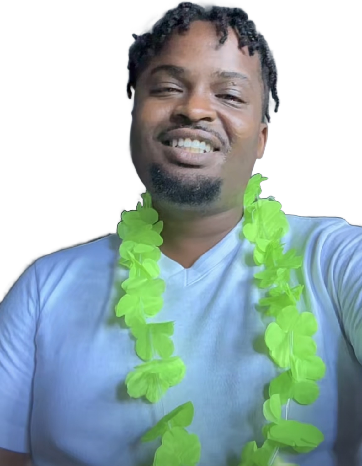 Christopher Charles, CEO – Never Forget Loyalty LLC, smiling in a white T-shirt and a bright green lei